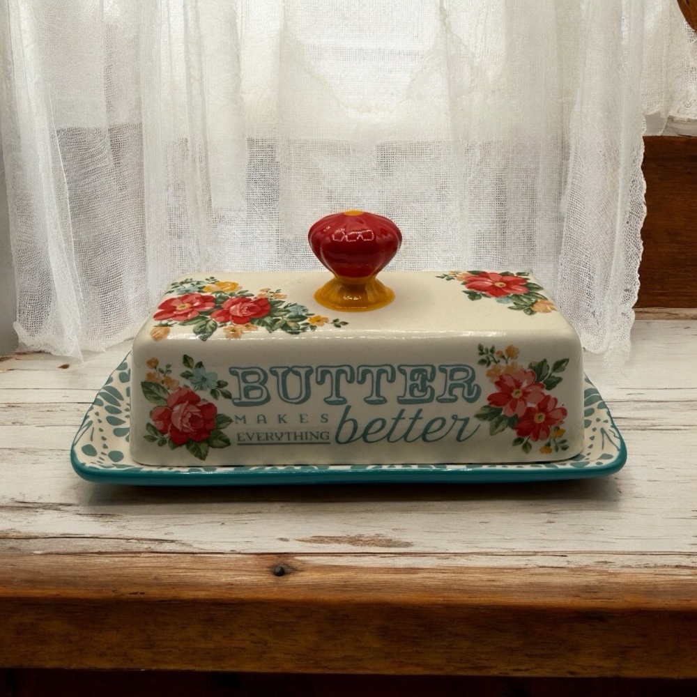 THE PIONEER WOMAN BUTTER DISH - “BUTTER MAKES EVERYTHING BETTER” FLORAL …